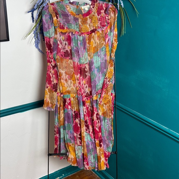 Anthropologie Multicolor Floral Pleated Midi Dress - Pink, Yellow, Purple, Green - Picture 11 of 12